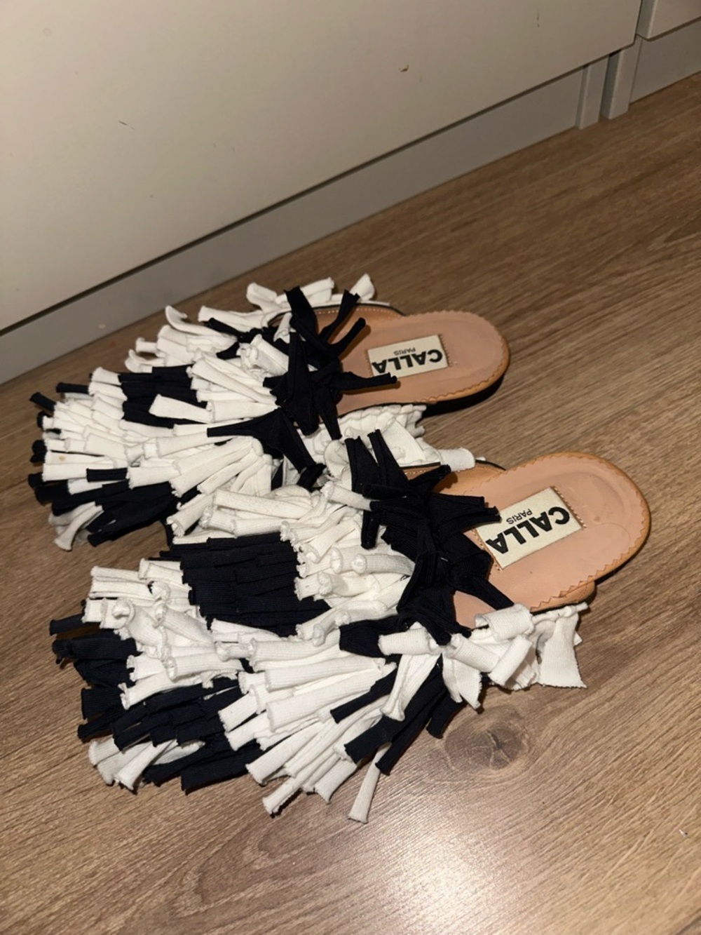 CALLA Paris Black & White Fringe Slide Sandals Size 37